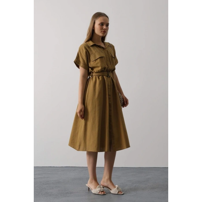 Kuşaklı Cep Detaylı Yarım Kol Elbise - Yağ Yeşili