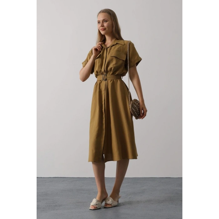Kuşaklı Cep Detaylı Yarım Kol Elbise - Yağ Yeşili
