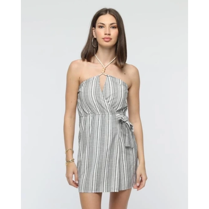 Kuşaklı çizgili mini keten elbise