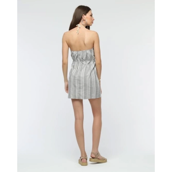 Kuşaklı çizgili mini keten elbise