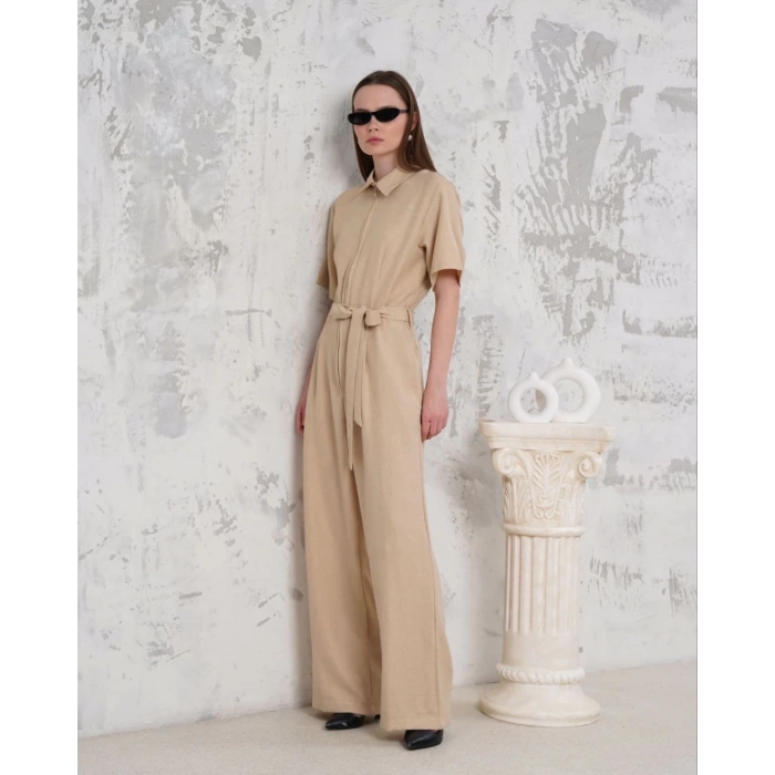 Kuşaklı gömlek yaka salaş tulum bej s255822
