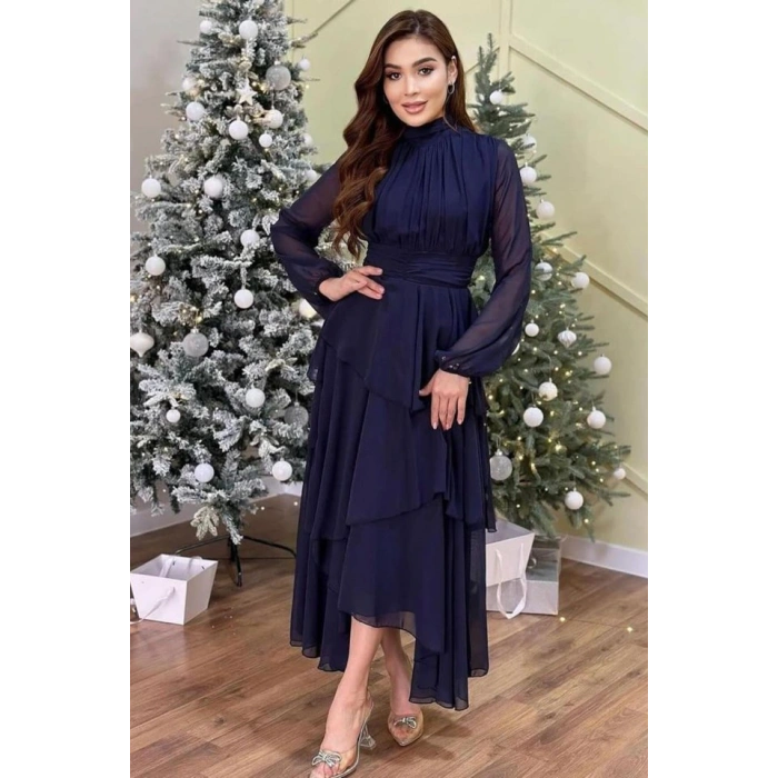 Lacivert Bel Detaylı Elbise