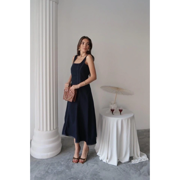 Lacivert Çift Dikişli Gabardin Elbise