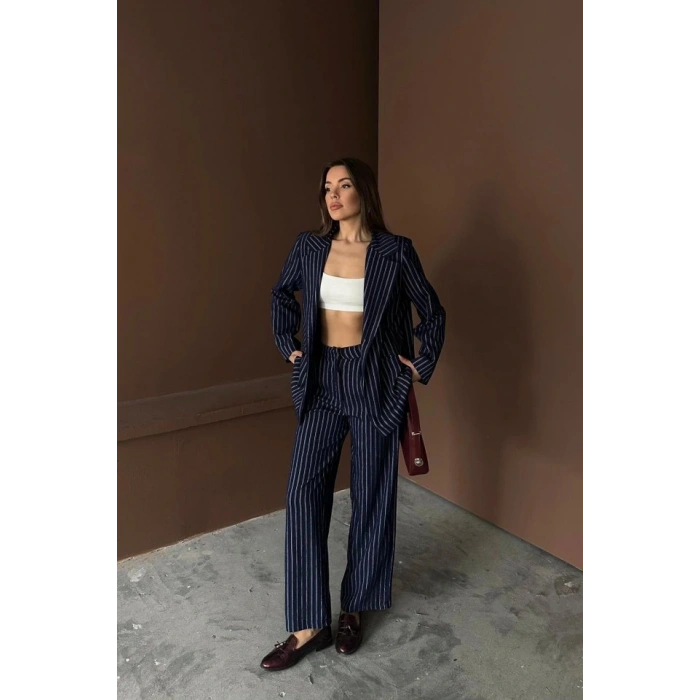 Lacivert Çizgili Ceket Ve Pantolon Takım