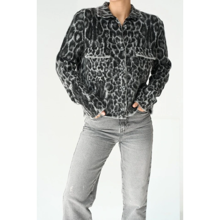 Leopar Desen Jakarlı Hırka - Siyah-Açık Gri