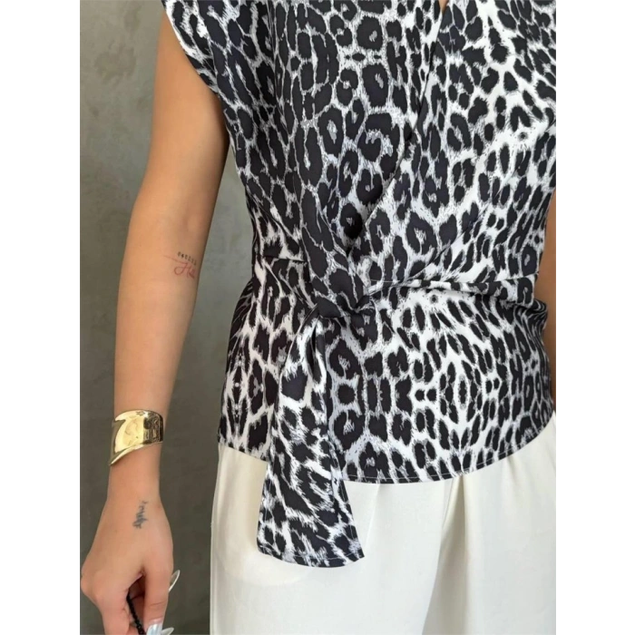 LEOPAR DESEN YANDAN BAĞLAMA DETAYLI BLUZ - Gri