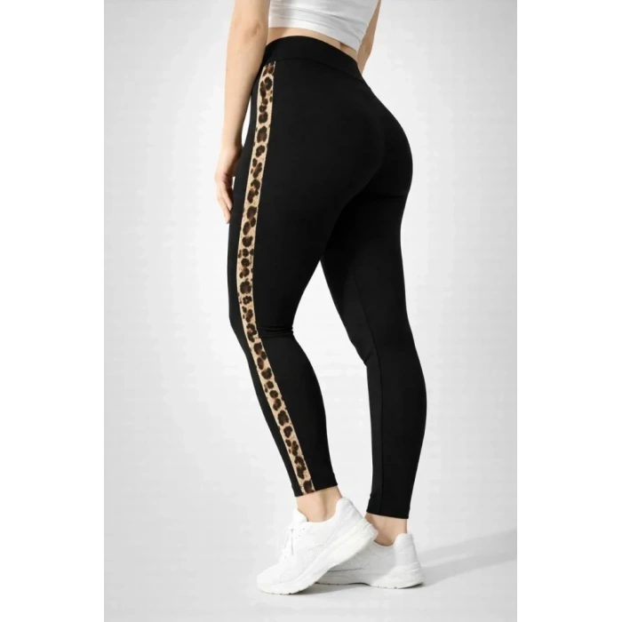 Likralı Yan Leopar Şeritli Detaylı Tayt - Siyah