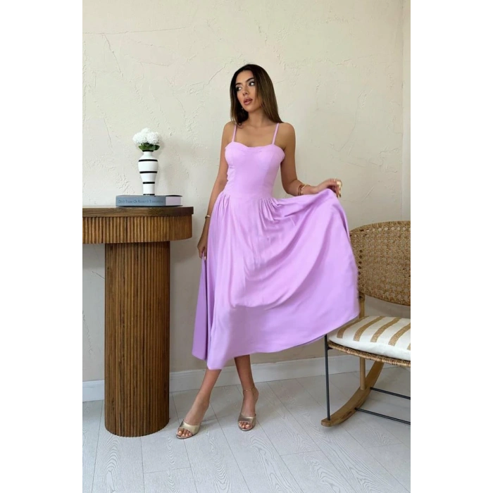 Lila Göğüs Kuplu Uzun Büzgülü Elbise