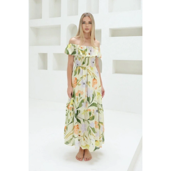 Madonna Yaka Elbise - Yeşil - Ekru