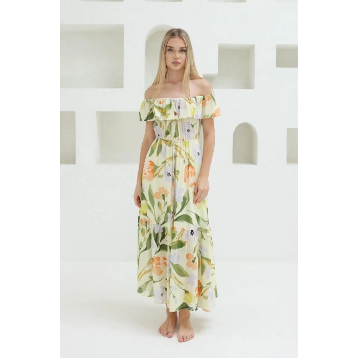 Madonna Yaka Elbise - Yeşil - Ekru