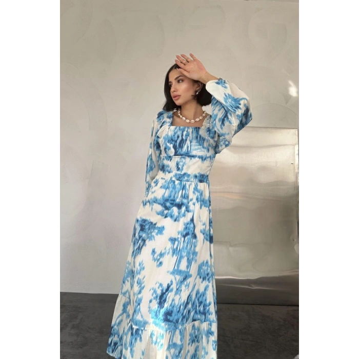 Mavi Arkası Gipeli Uzun Elbise