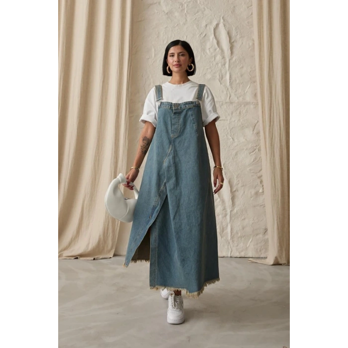 Mavi Askılı Düğmeli Kot Elbise