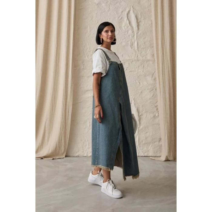 Mavi Askılı Düğmeli Kot Elbise