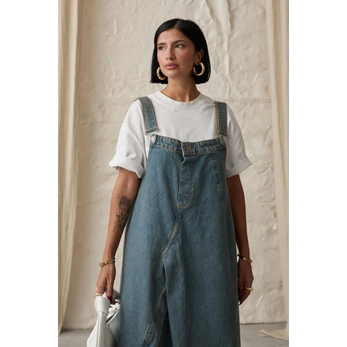 Mavi Askılı Düğmeli Kot Elbise