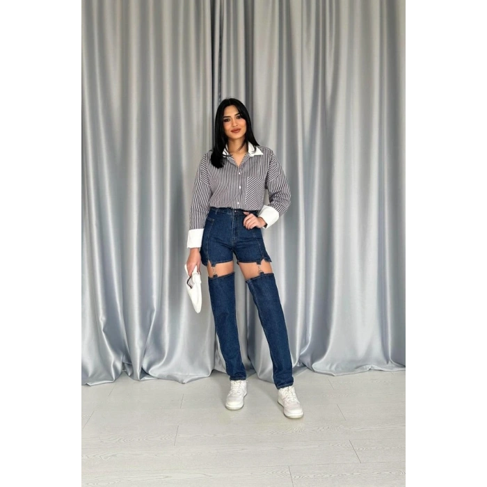 Mavi Askılı İki Parça Jeans Pantolon