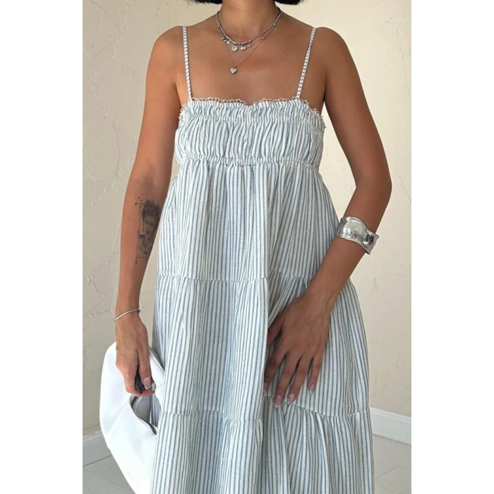 Mavi Askılı Parçalı Çizgili Müslin Elbise