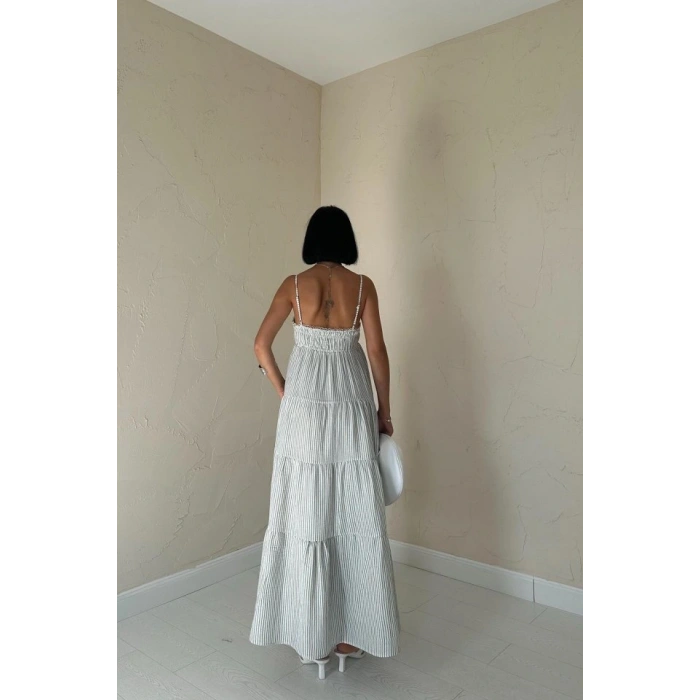 Mavi Askılı Parçalı Çizgili Müslin Elbise