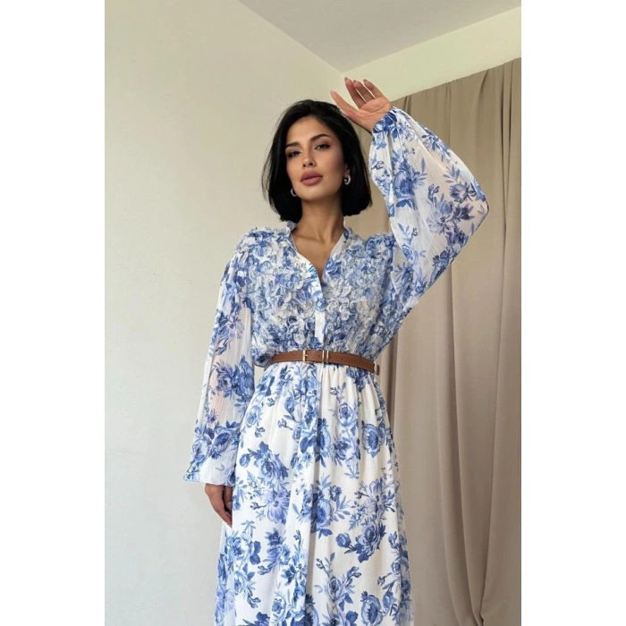 Mavi Biye Detaylı Elbise