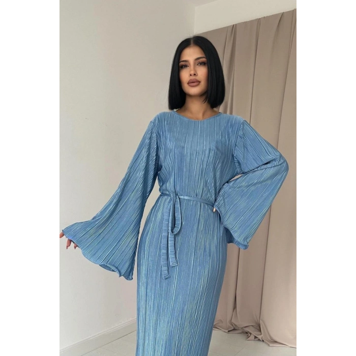 Mavi İspanyol Kol Piliseli Elbise