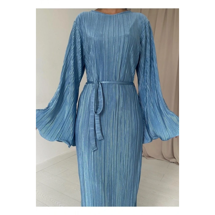 Mavi İspanyol Kol Piliseli Elbise