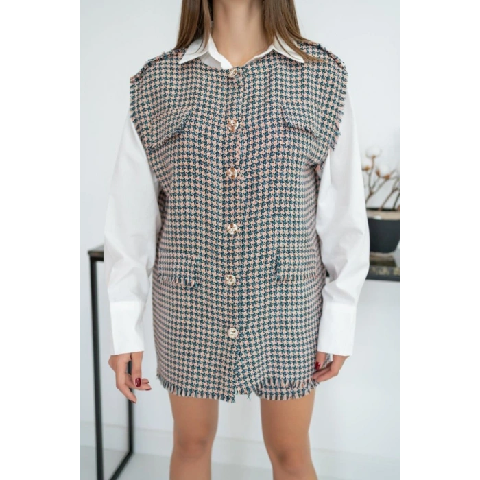 Mavi Kazayağı Desenli Yelek Ve Şort Takım