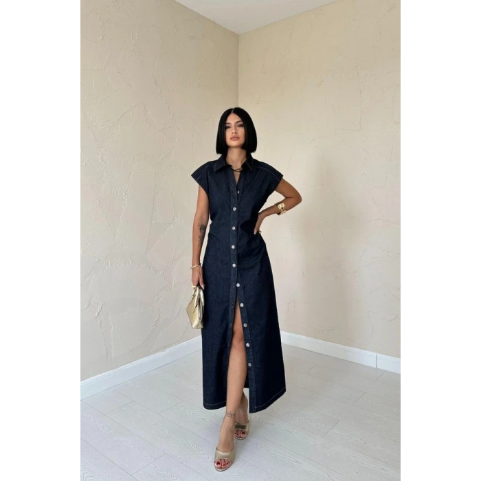 Mavi Kolsuz Vatkalı Elbise