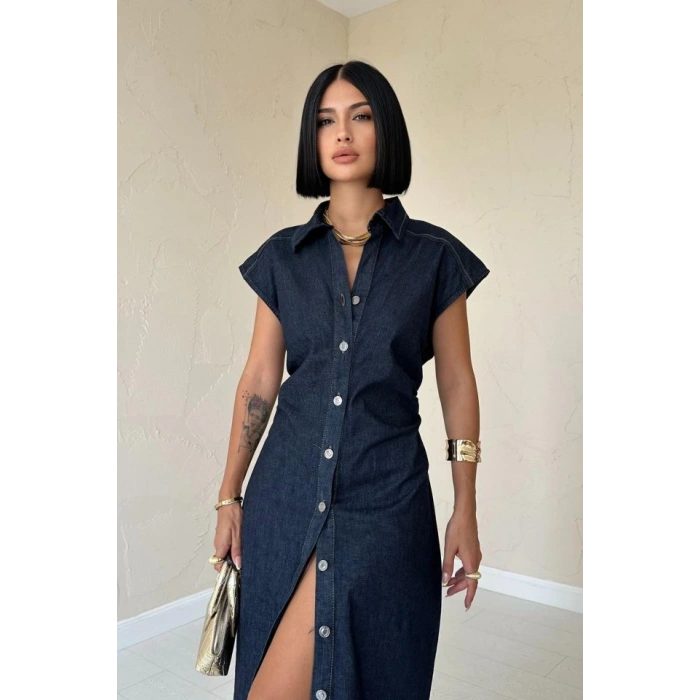 Mavi Kolsuz Vatkalı Elbise