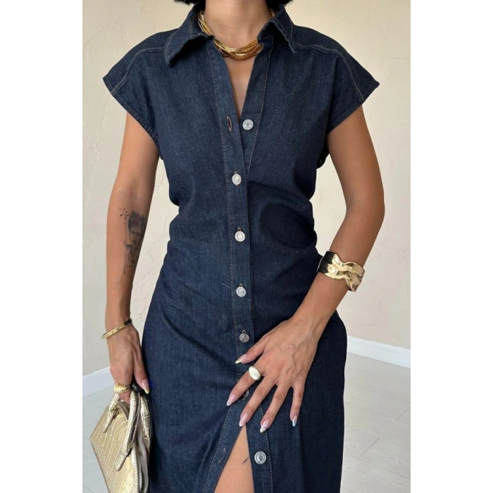 Mavi Kolsuz Vatkalı Elbise