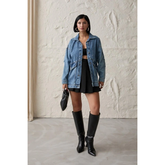 Mavi Taşlı Kot Ceket