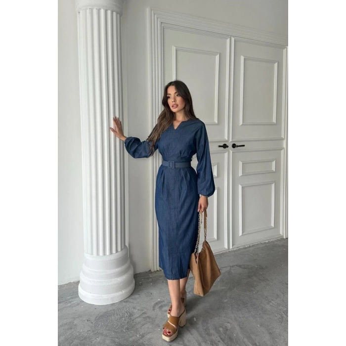 Mavi Tencel Uzun Kollu Elbise