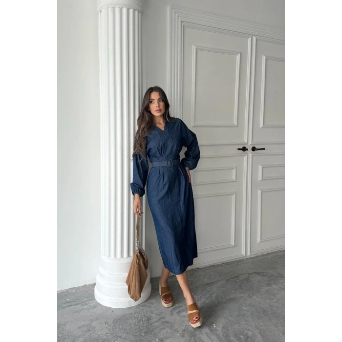 Mavi Tencel Uzun Kollu Elbise