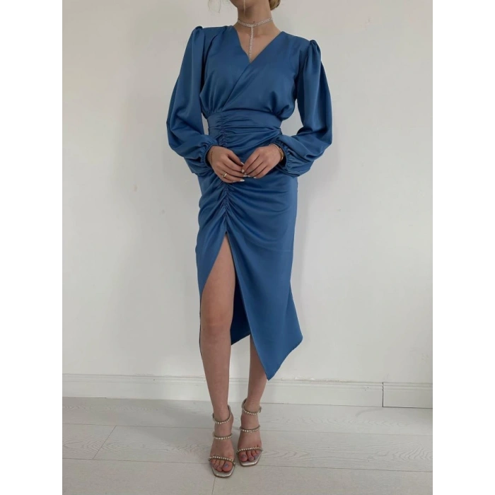 Mavi V Yaka Saten Elbise