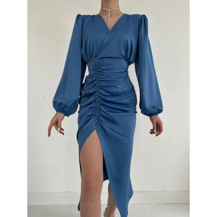 Mavi V Yaka Saten Elbise