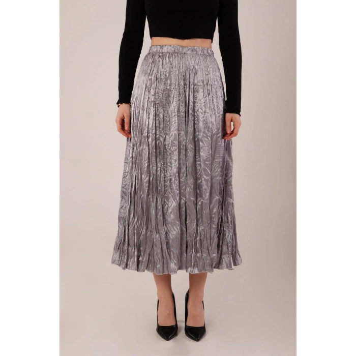 Midi Boy Pileli Saten Gri Etek