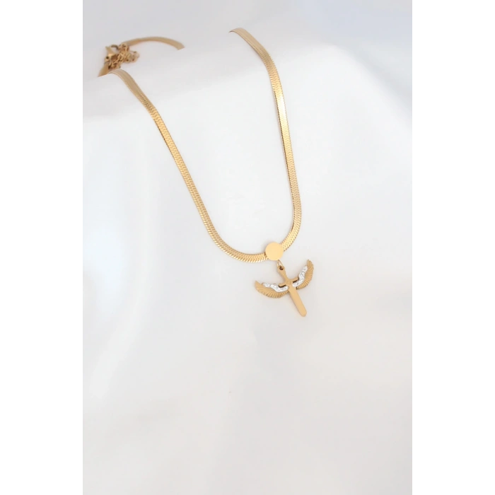 Mikail Figür Zirkon Taş Detay Gold Renk Çelik İtalyan Zincir Kadın Kolye