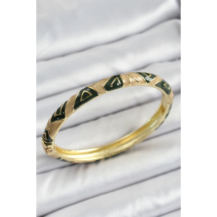 Mineli Pirinç Kahverengi Siyah Geometrik Desenli Kadın Kelepçe