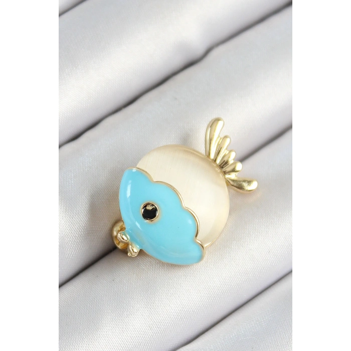 Mineli Turkuaz Ve Krem Balık Figürlü Gold Renk Kadın Broş