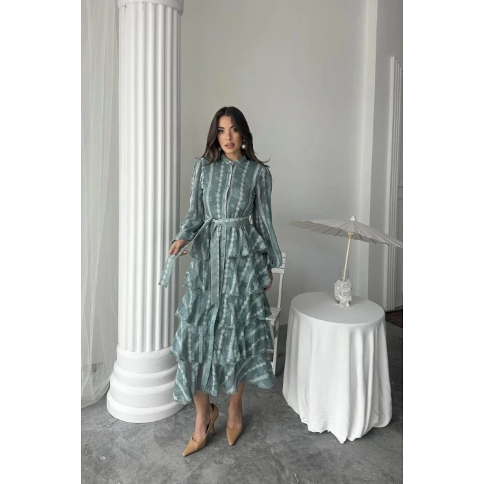 Mint Uzun Volanlı Elbise