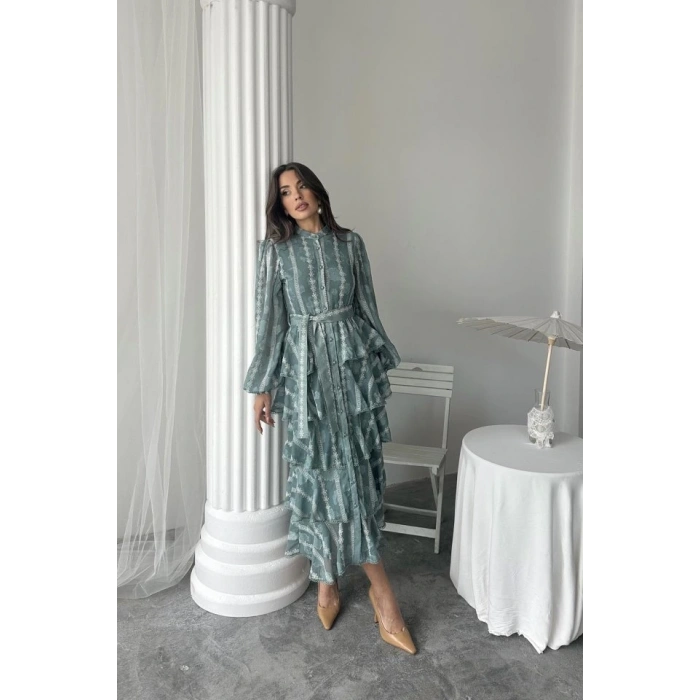 Mint Uzun Volanlı Elbise
