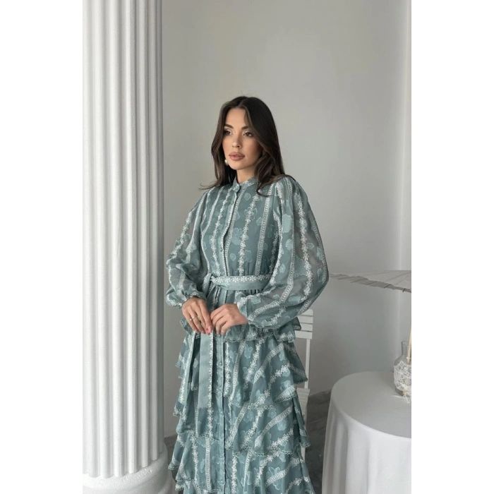 Mint Uzun Volanlı Elbise