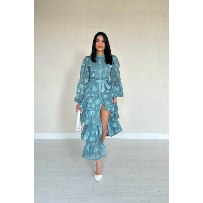 Mint Valonlu Şeritli Kat Kat Elbise