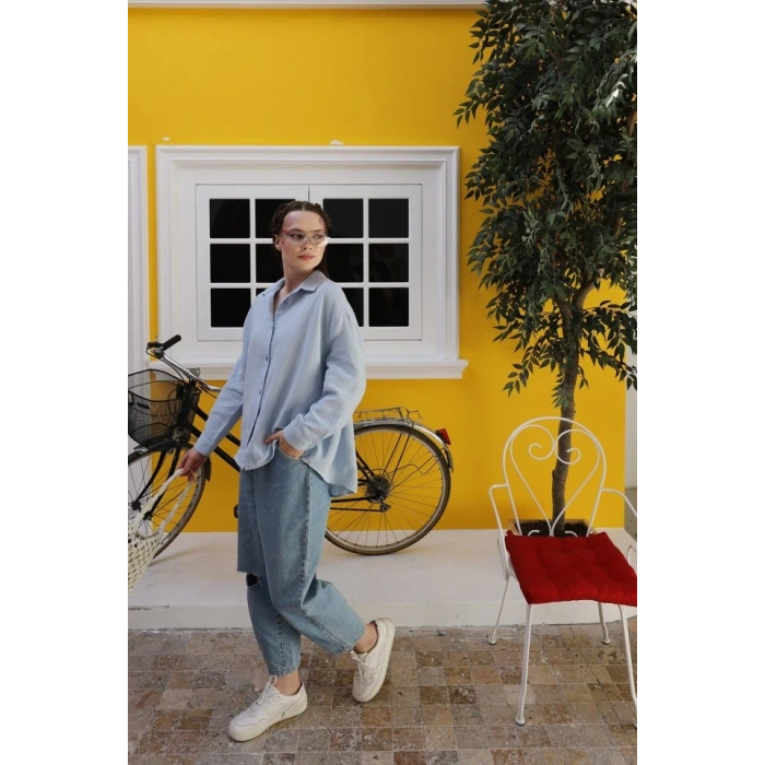 Müslin Uzun Kol Gömlek - Bebe Mavisi