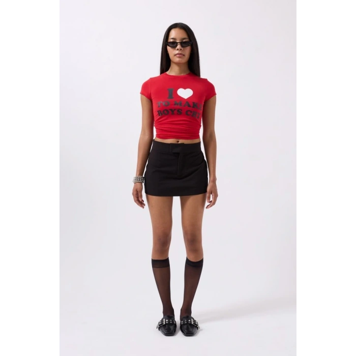 Nakış Detay Baskılı Crop T-Shirt