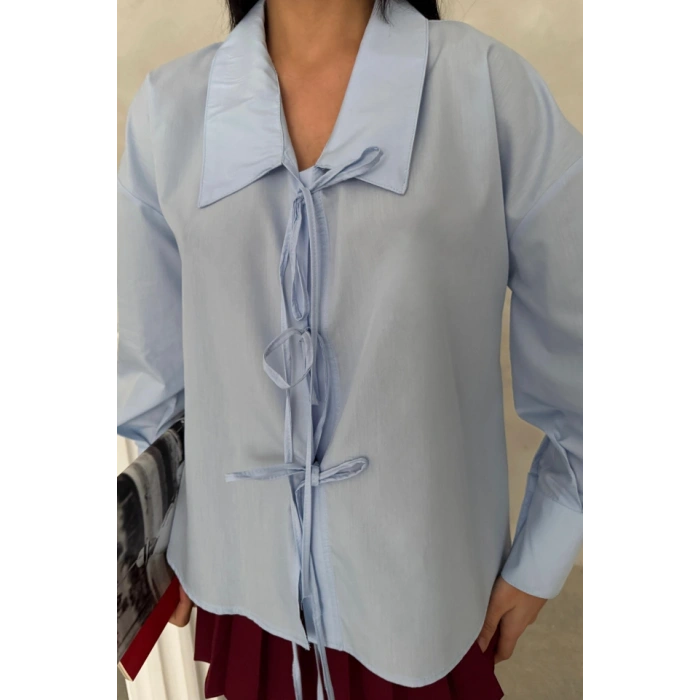 OKUL YAKA POPLİN GÖMLEK İP BAĞLAMA DETAYLI - Bebe Mavi