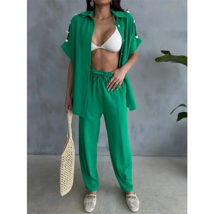 OMUZ MİDYE SIRALI BLUZ - PAÇA PENSLİ PANTOLON TAKIM - Yeşil