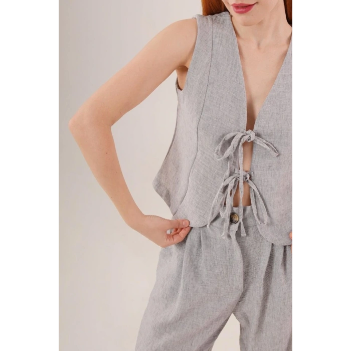 Ön Bağlama Detaylı Yelek Ve Pantolon Gri İkili Takım
