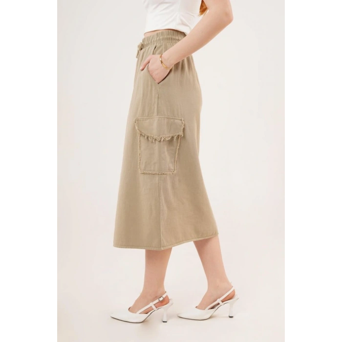 Ön Yırtmaçlı Cep Detaylı Haki Etek