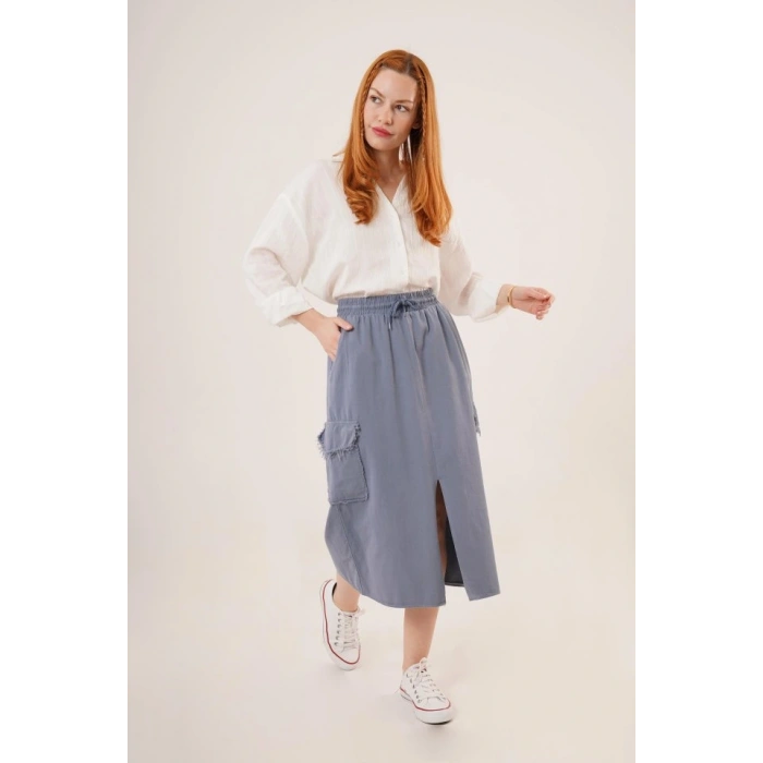 Ön Yırtmaçlı Cep Detaylı İndigo Etek