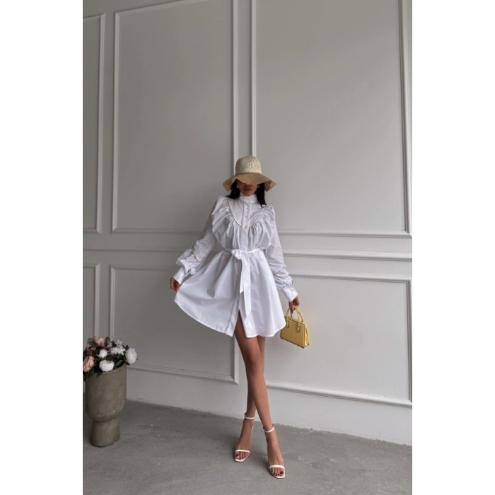 ÖNDEN DÜĞMELİ POPLİN KLOŞ ELBİSE BAĞLAMA KEMER DETAYLI - Beyaz