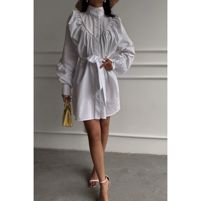 ÖNDEN DÜĞMELİ POPLİN KLOŞ ELBİSE BAĞLAMA KEMER DETAYLI - Beyaz
